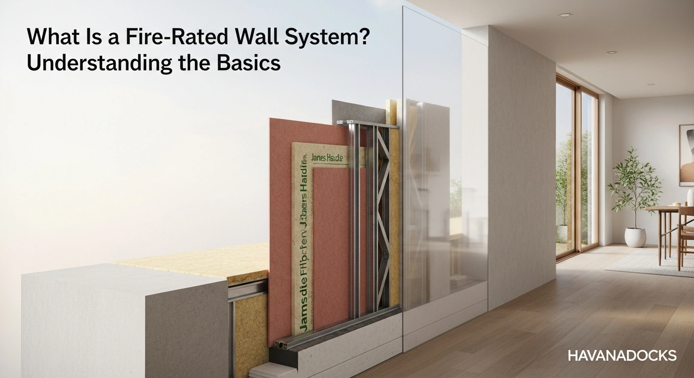 A high-resolution, ultra-realistic image illustrating a modern building wall cross-section showing the components of a fire-rated wall system — layers of James Hardie fiber cement boards, insulation, and steel framing. The setting should appear like a professional architectural diagram brought to life, blending realism with a clean, informative aesthetic.

The scene can include a partially transparent 3D cutaway wall beside a modern home interior, showing how fire-rated systems are integrated into real homes. Use soft natural lighting to highlight texture and material quality while maintaining a technical yet elegant tone.

Add the title at the top in a clean modern font:
“What Is a Fire-Rated Wall System? Understanding the Basics”

Place a subtle, semi-transparent “Havanadocks” watermark at the bottom right corner.

The overall mood should communicate safety, innovation, and engineering precision, suitable for architectural or educational editorial visuals.