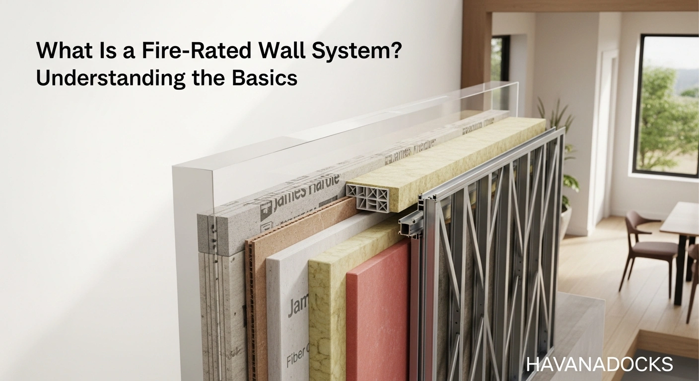 A high-resolution, ultra-realistic image illustrating a modern building wall cross-section showing the components of a fire-rated wall system — layers of James Hardie fiber cement boards, insulation, and steel framing. The setting should appear like a professional architectural diagram brought to life, blending realism with a clean, informative aesthetic.

The scene can include a partially transparent 3D cutaway wall beside a modern home interior, showing how fire-rated systems are integrated into real homes. Use soft natural lighting to highlight texture and material quality while maintaining a technical yet elegant tone.

Add the title at the top in a clean modern font:
“What Is a Fire-Rated Wall System? Understanding the Basics”

Place a subtle, semi-transparent “Havanadocks” watermark at the bottom right corner.

The overall mood should communicate safety, innovation, and engineering precision, suitable for architectural or educational editorial visuals.