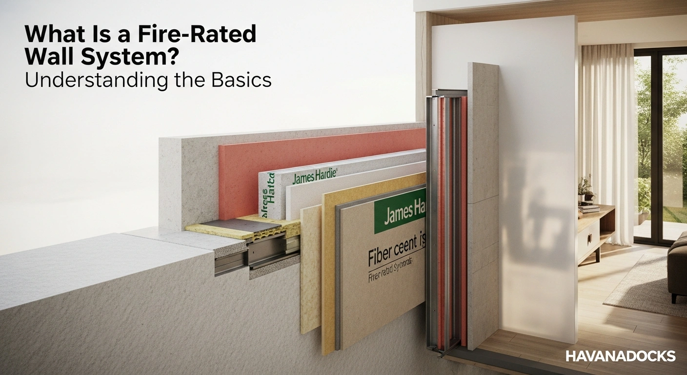 A high-resolution, ultra-realistic image illustrating a modern building wall cross-section showing the components of a fire-rated wall system — layers of James Hardie fiber cement boards, insulation, and steel framing. The setting should appear like a professional architectural diagram brought to life, blending realism with a clean, informative aesthetic.

The scene can include a partially transparent 3D cutaway wall beside a modern home interior, showing how fire-rated systems are integrated into real homes. Use soft natural lighting to highlight texture and material quality while maintaining a technical yet elegant tone.

Add the title at the top in a clean modern font:
“What Is a Fire-Rated Wall System? Understanding the Basics”

Place a subtle, semi-transparent “Havanadocks” watermark at the bottom right corner.

The overall mood should communicate safety, innovation, and engineering precision, suitable for architectural or educational editorial visuals.